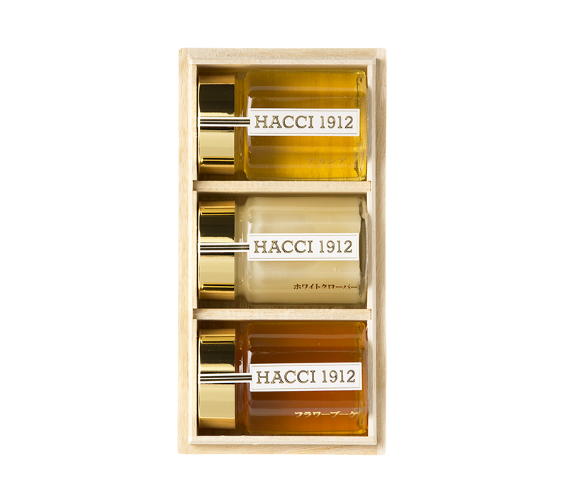 HACCI1912 オフィシャルサイト / 桐箱 HACCIセレクト テーブルハニー3本セット (ハンアカ、国フラ、ホワ)mailfacebooktwitter